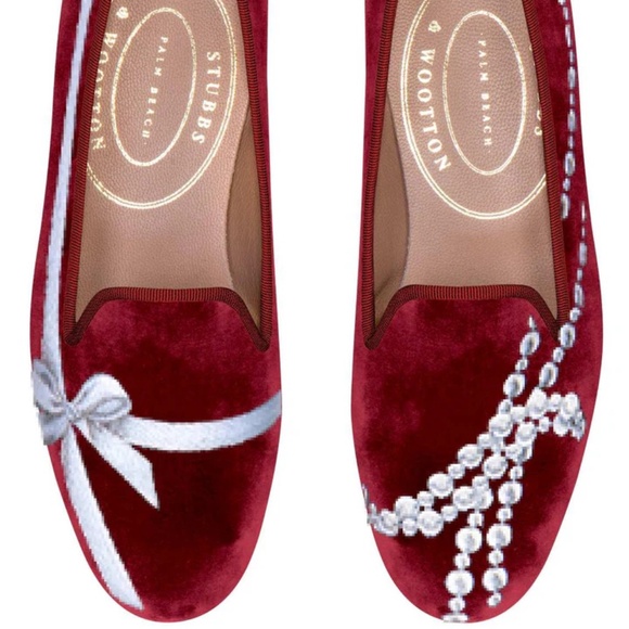 NIB Stubbs & Wootton Women's Bespoke Ribbon & Pearls Velvet Loafers Slippers - Picture 1 of 6